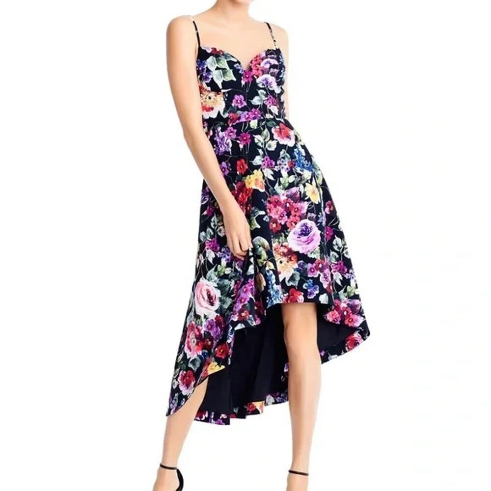 Aidan Mattox Hi Low Midi Dress Womens Size 12 Black Floral Cocktail Party Garden